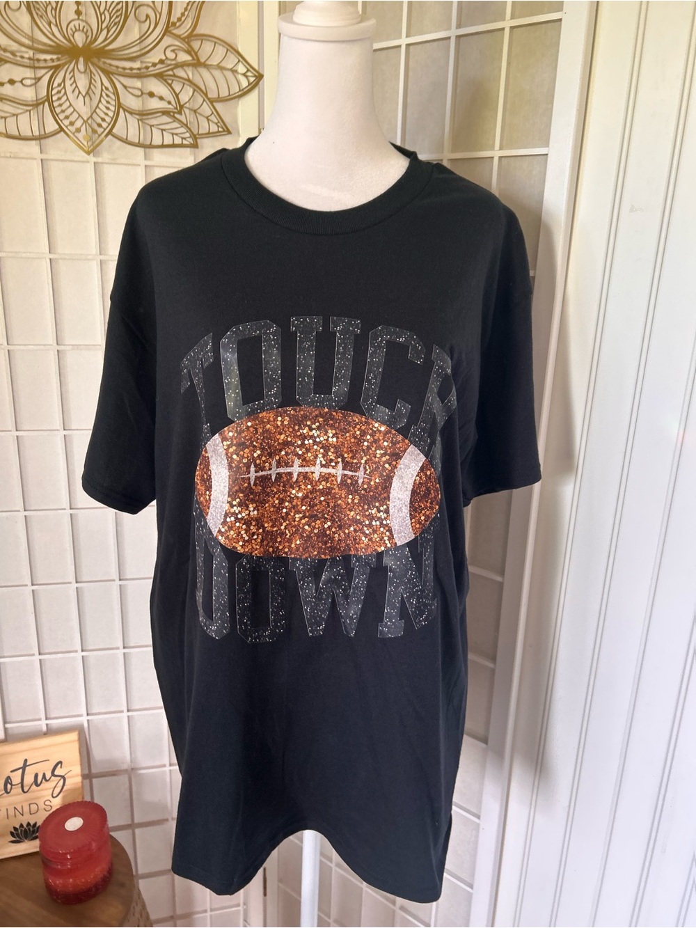 Women’s Black 'Touchdown' Glitter Football Tee-LG